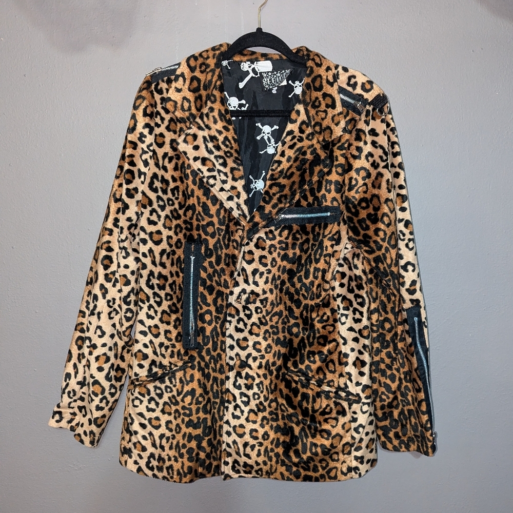 Vintage 90s SERIOUS Leopard print Faux Fur Jacket With Zipper D-Ring Details XL